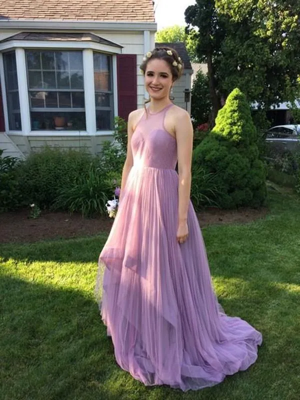 Simple Long A-line Sleeveless Tulle Long A-line Prom Dresses, BG0166