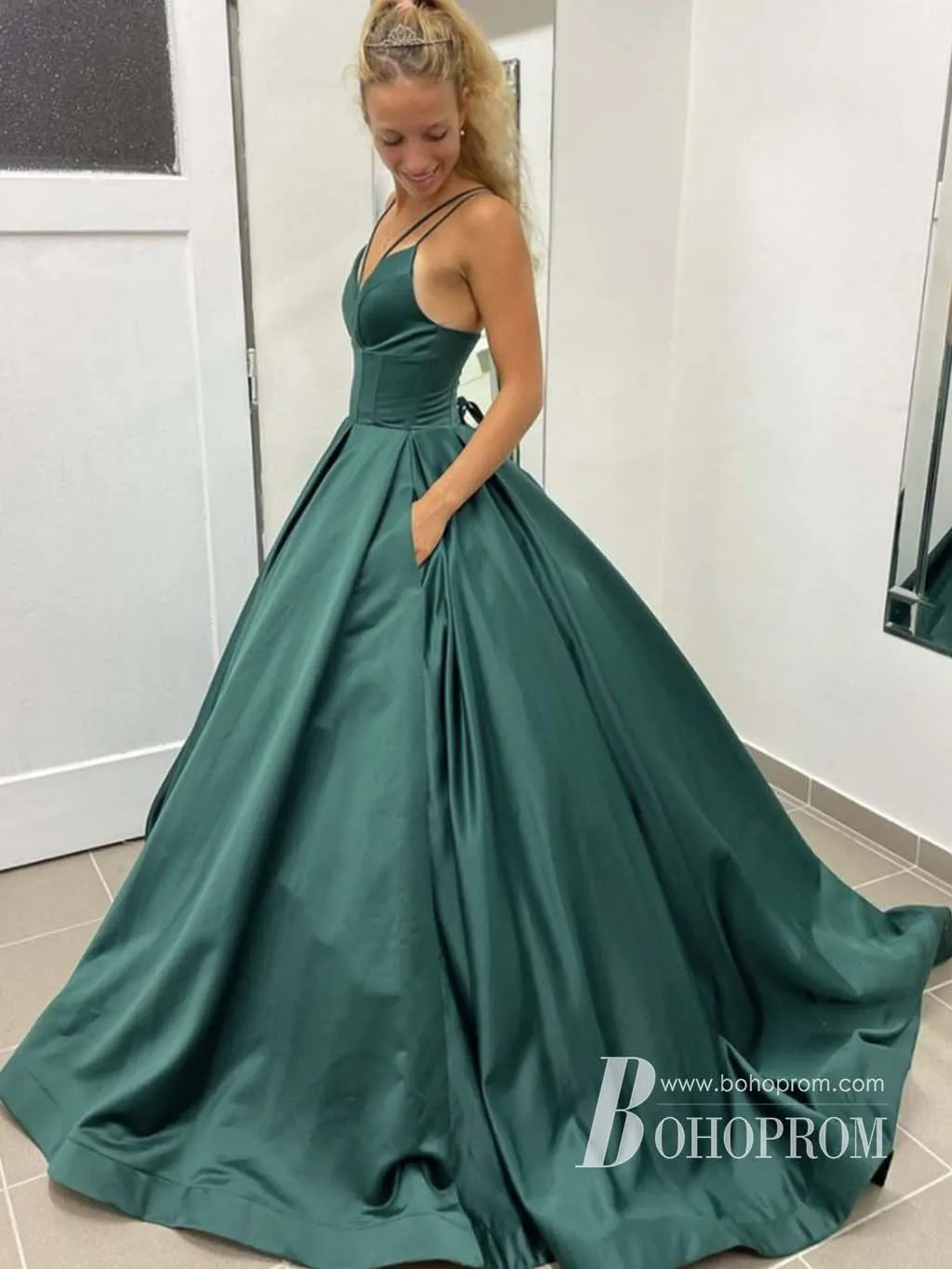 Simple Satin Spaghetti Straps Neckline Chapel Train A-line Prom Dresses PD764