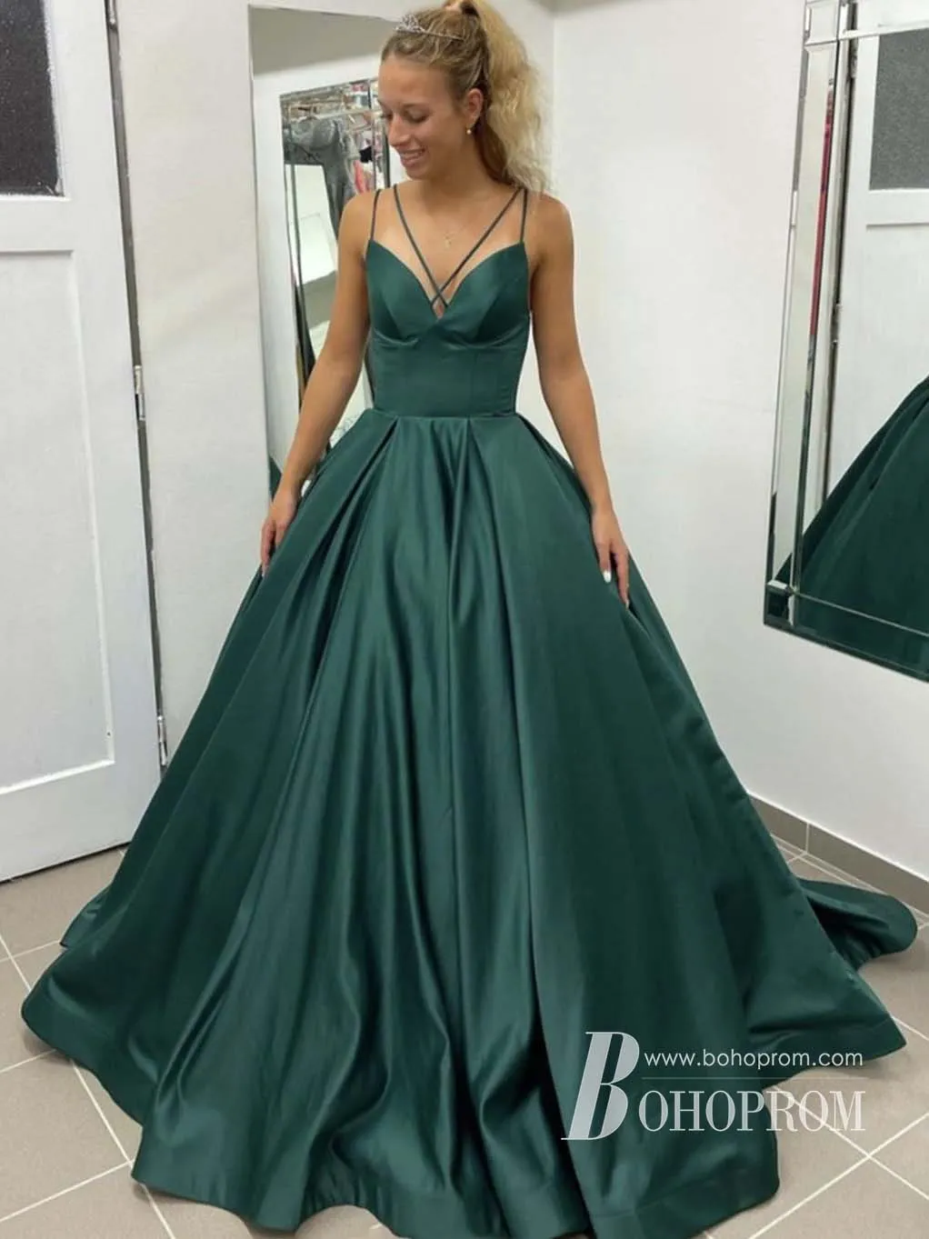 Simple Satin Spaghetti Straps Neckline Chapel Train A-line Prom Dresses PD764