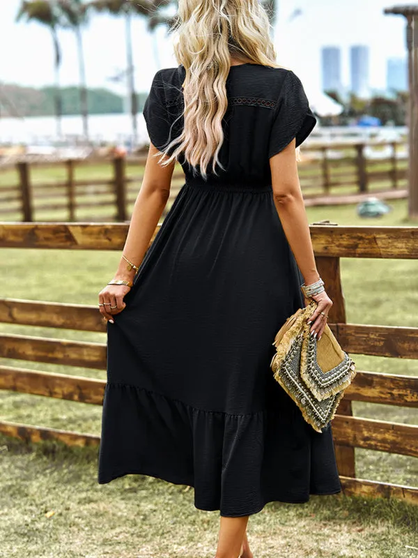 Solid Smocked Waist Midi Dress with Short Sleeves & Pockets