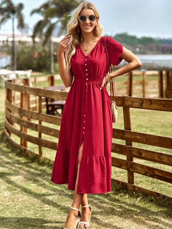 Solid Smocked Waist Midi Dress with Short Sleeves & Pockets