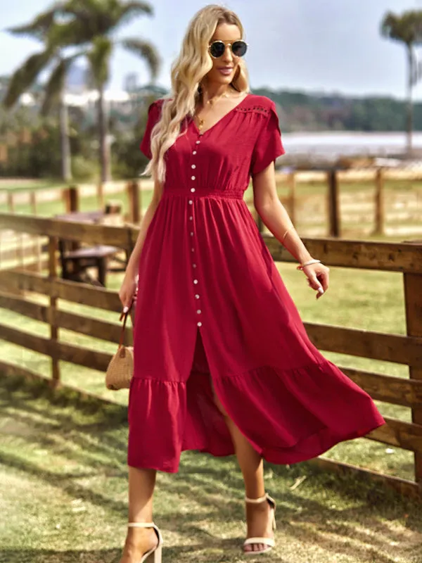 Solid Smocked Waist Midi Dress with Short Sleeves & Pockets