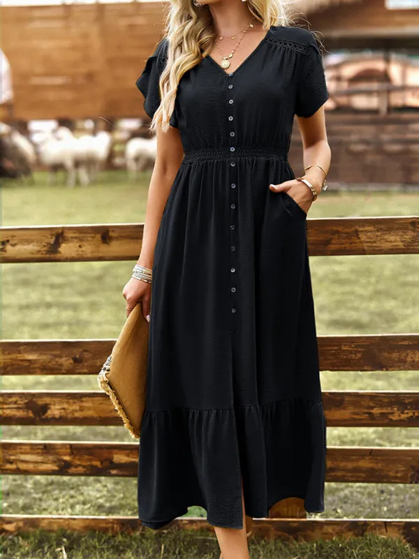 Solid Smocked Waist Midi Dress with Short Sleeves & Pockets