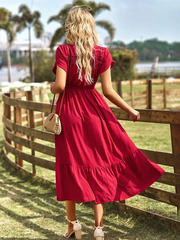 Solid Smocked Waist Midi Dress with Short Sleeves & Pockets