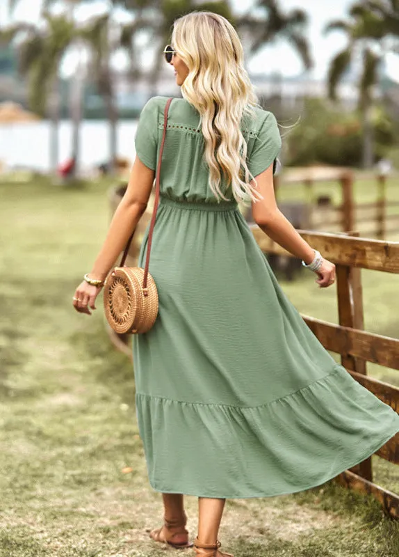 Solid Smocked Waist Midi Dress with Short Sleeves & Pockets