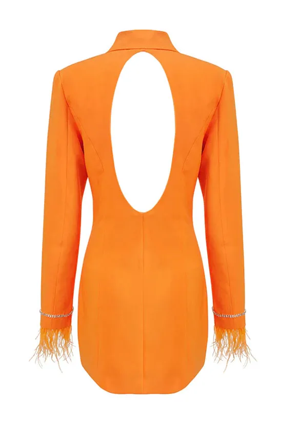 Sparkly Feather Trim Long Sleeve Cutout Back Blazer Mini Dress - Orange