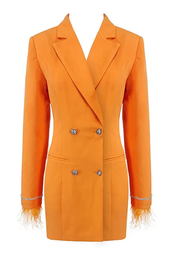 Sparkly Feather Trim Long Sleeve Cutout Back Blazer Mini Dress - Orange