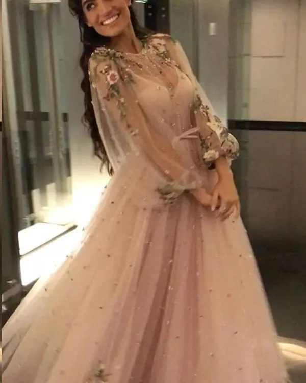 Sparkly Pink Beaded Long Sleeve Floor-length Floral Prom Dresses Evening Dress, SP585