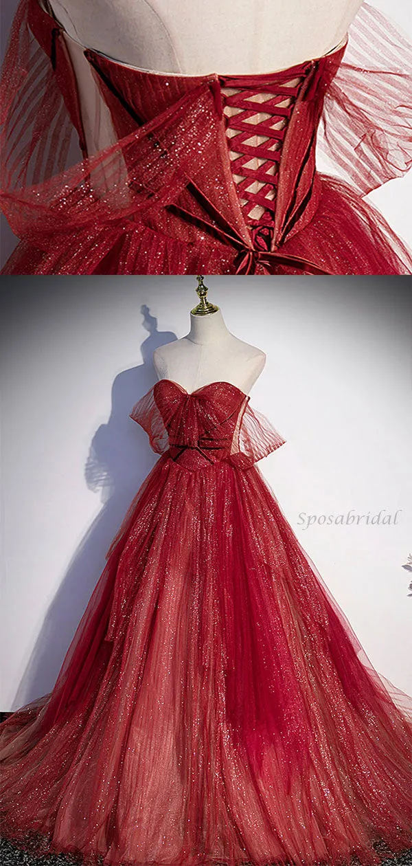 Sparkly Red Unique Off-shoulder Modest Sweetheart A-line Long Prom Dresses, PD3455