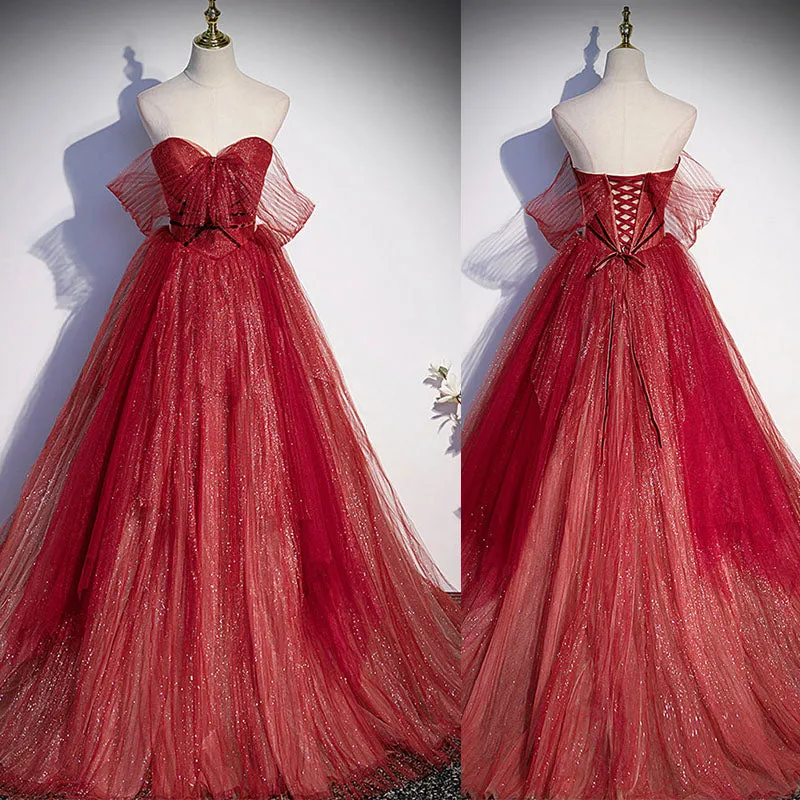 Sparkly Red Unique Off-shoulder Modest Sweetheart A-line Long Prom Dresses, PD3455