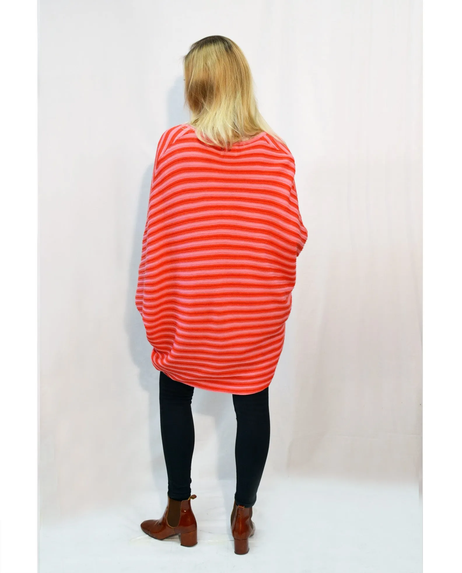 Stripe fine knit bat-wing Oversize cardigan (Pink)