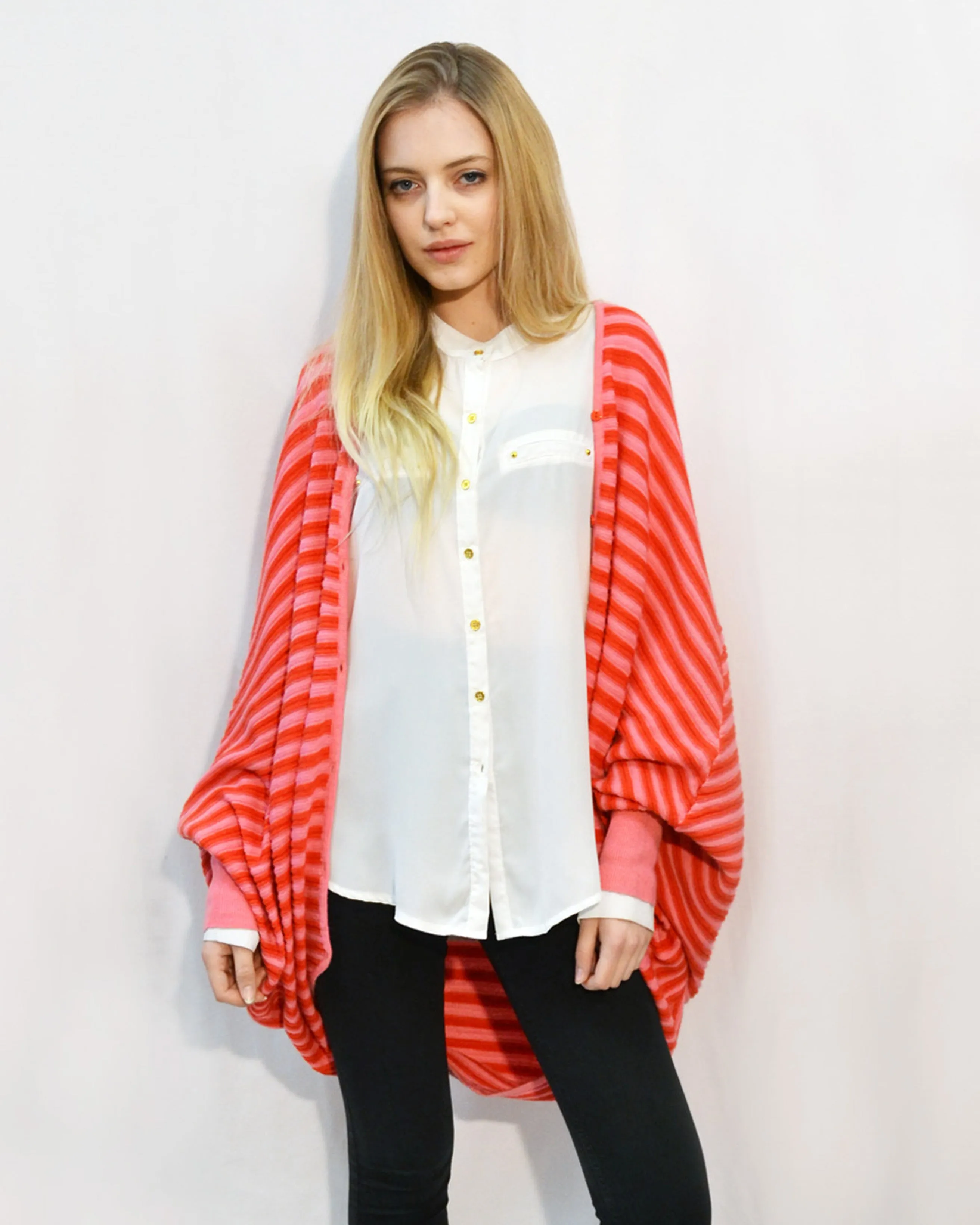 Stripe fine knit bat-wing Oversize cardigan (Pink)