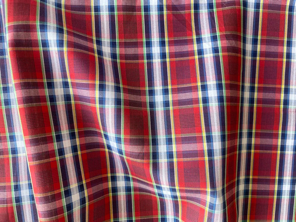 Tightly-Woven Cherry & Navy Plaid Cotton Shirting (Made in Italy)