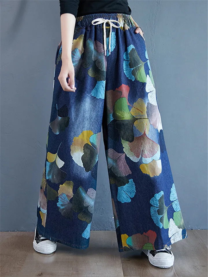 Trendy Elastic Waist Printed Wide Leg Jeans