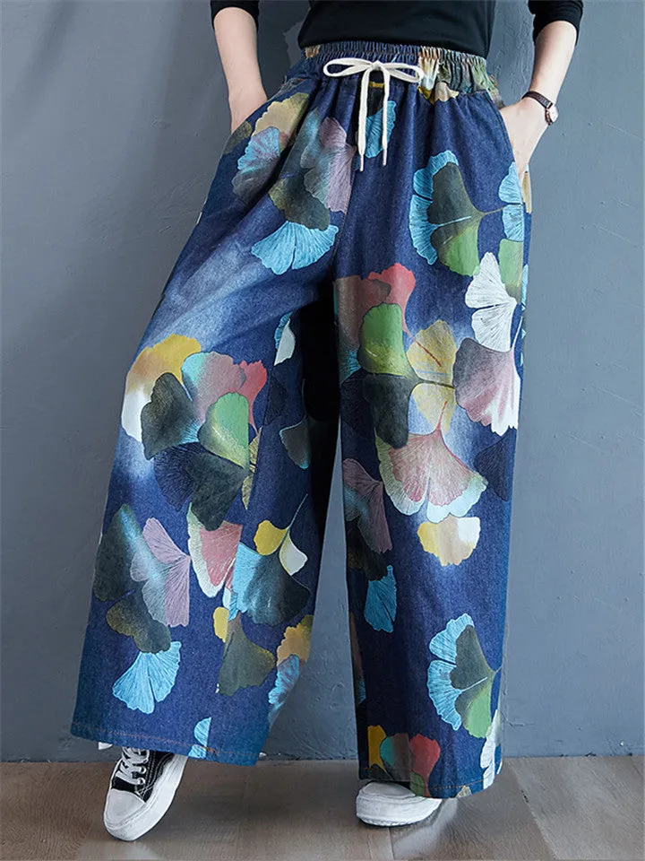 Trendy Elastic Waist Printed Wide Leg Jeans