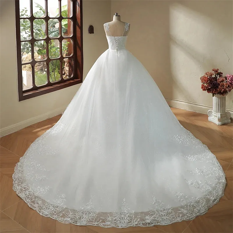 V Neck Long Train or Floor Length Appliqes Tulle  A Line Wedding Dress