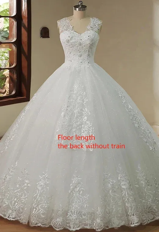 V Neck Long Train or Floor Length Appliqes Tulle  A Line Wedding Dress