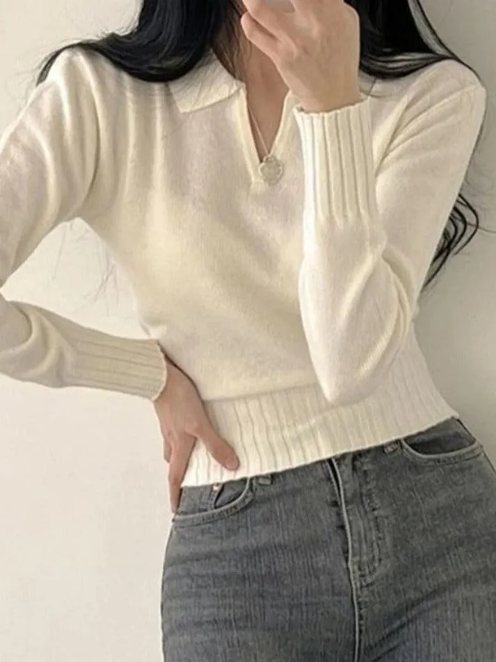 Wenkouban-Spring Casual Outfits Y2K Outfits Solid Color V Neck Slim Short Polo Sweater