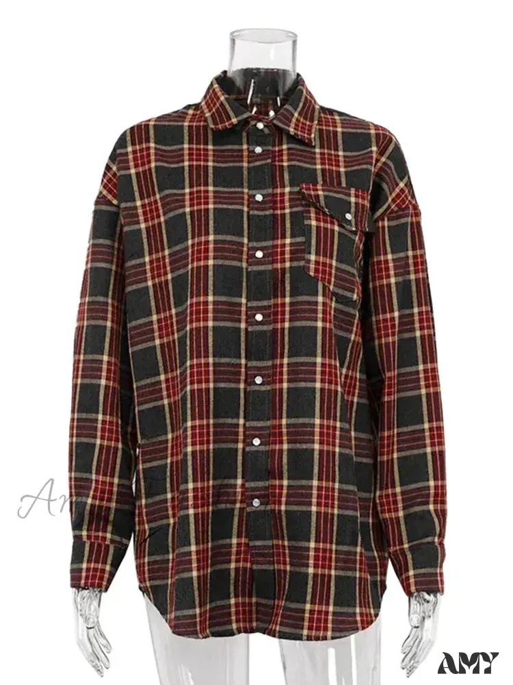 Winter Vintage Oversized Plaid Thick Long Sleeve Blouse