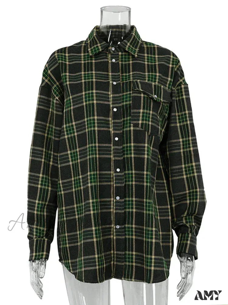 Winter Vintage Oversized Plaid Thick Long Sleeve Blouse