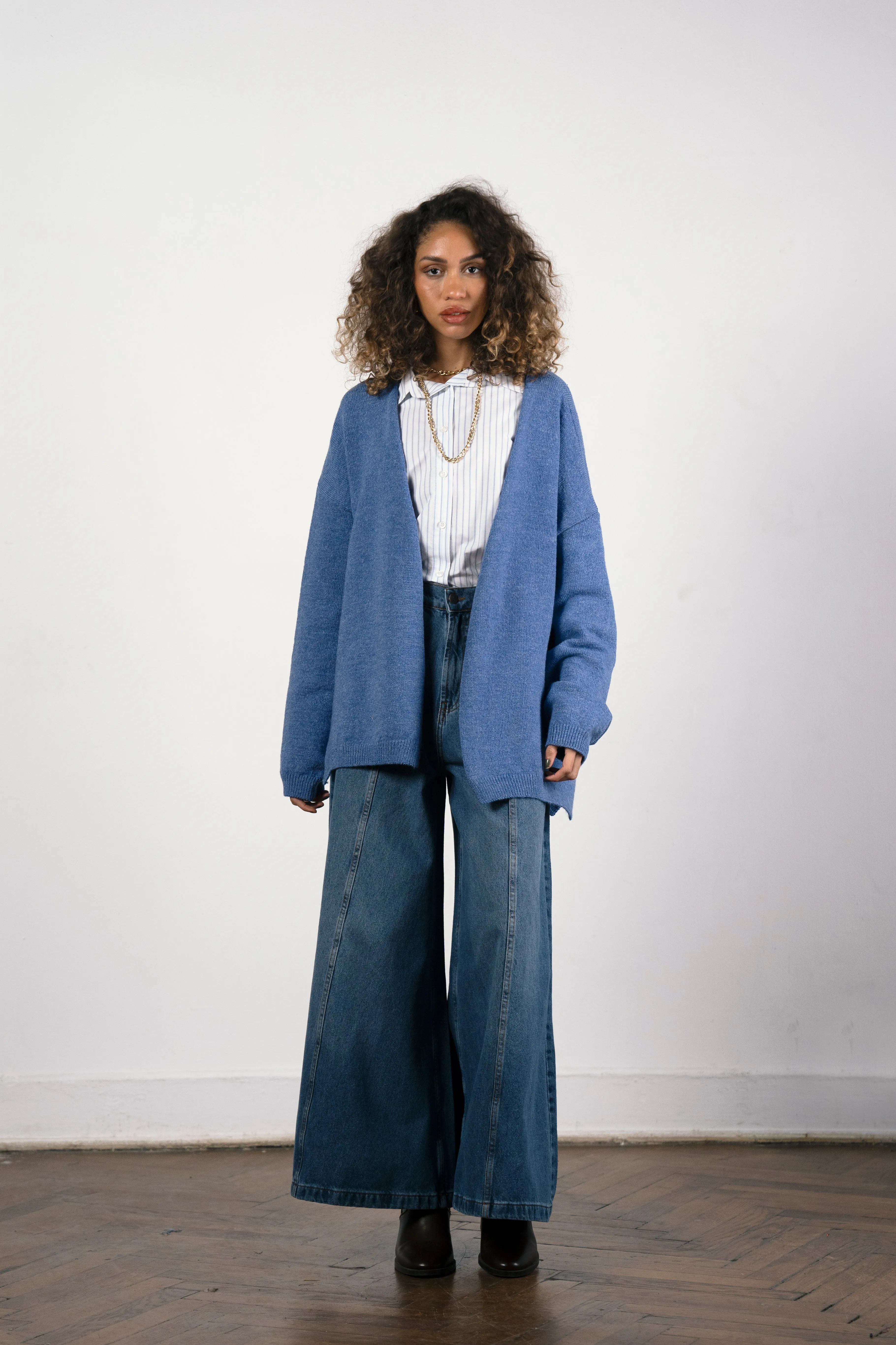 WITH BELT WOOL CARDIGAN -BLUE