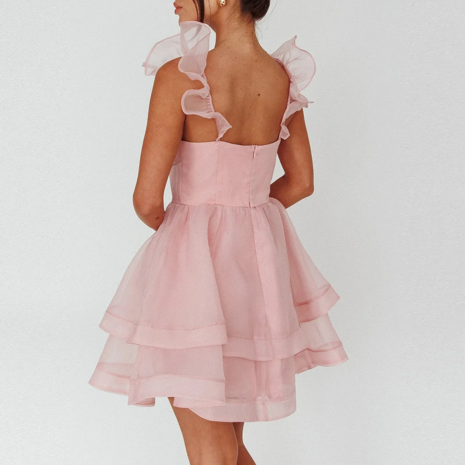 Women Square Neck Tulle Sheer Smocked Puffy Ruffle Backless A-Line Dress