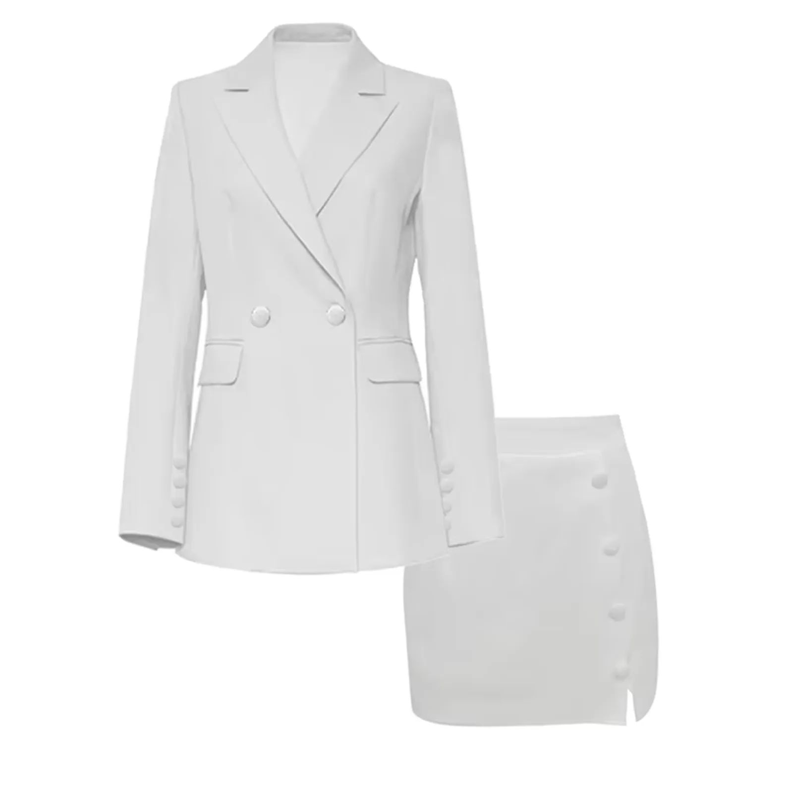 Women's Elegant White Buttoned Blazer with Skirt Set | Ideal for All Seasons