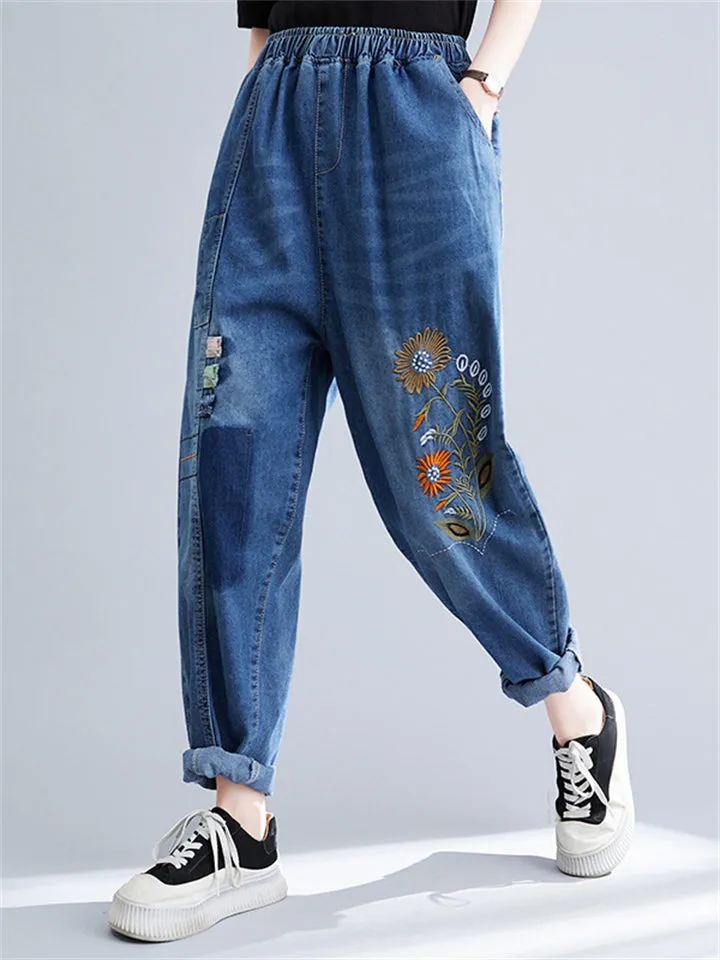 Women's Thin Elastic Waist Patchwork Floral Jeans