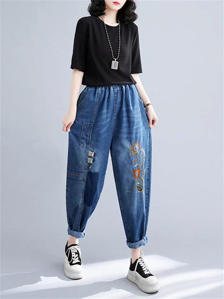 Women's Thin Elastic Waist Patchwork Floral Jeans